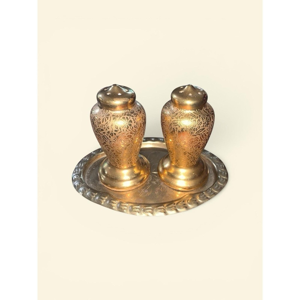 Vintage Pickard 24k Gold Encrusted Rose & Daisy S & P Shakers W Tray